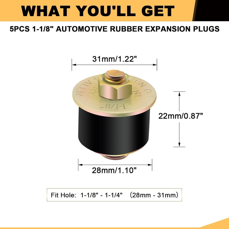 Siptenk 1-1/8" Freeze Rubber Expansion Plug 5 pcs, Automotive Rubber Expandable Freeze Plugs for Engine - Image 2